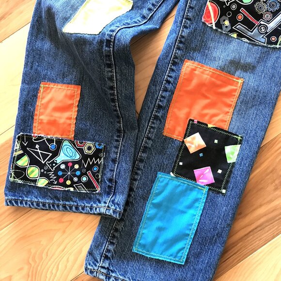 Boy’s Upcycled Patch Jeans, Size 10: Handmade Colorful Science Theme Patchwork - Picture 10 of 11
